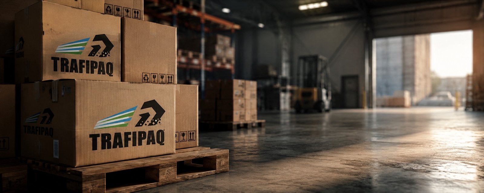 Pallet con cajas de TRAFIPAQ en el depósito